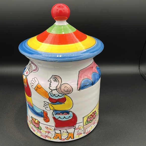 La Musa Italian hand painted ceramic cookie jar. Colorful Picasso style figures. - Picture 2 of 14
